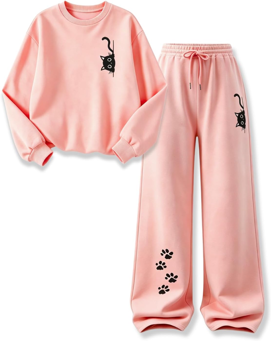Girls Clothes 2Pcs Cat Graphic Print Long Sleeve Sweatshirt & Pants Fall Outfits Set Size 7-14Y