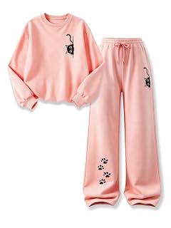 Vitalique Talla 7-14 años Ropa para niñas 2 piezas con estampado de gato sudadera y pantalones de manga larga conjunto de trajes de otoño | Cute Cat Paws Graphic Print Long Sleeve Tops Drawstring Elastic Waist Wide Leg Pants with Pockets Casual Set