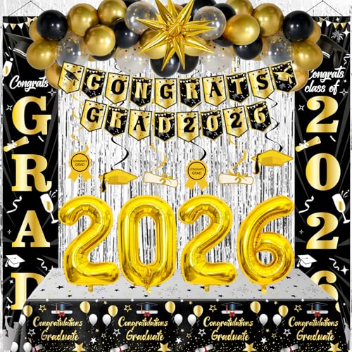 Graduation Decorations Class of 2026, Black and Gold Graduation Decorations, 2026 Graduation Party Decorations with Congrats GRAD 2026 Banner Tablecover Balloons for College High School Nursing