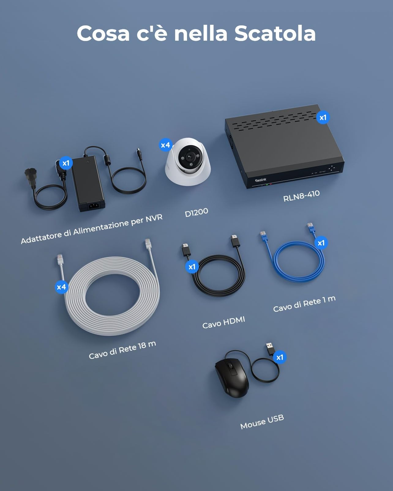 Reolink 12MP Kit Videosorveglianza PoE, NVR 8CH 2TB e 4X Telecamera Esterno Interno con Faretto, Rilevamento di Persona/Veicolo/Pet, Audio Bidirezionale, Sistema Espandibile a 16TB, RLK8-1200D4-A