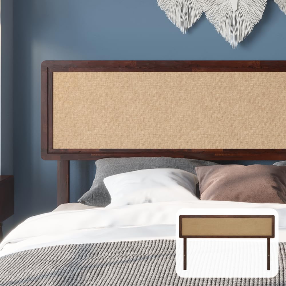 Bme Nipe King Headboard ONLY Walnut (New) Boho Bohemian Coastal Style with Solid Wood and Hand-Crafted Fabric, Easy Assembly, Wall or Bed Frame Mount