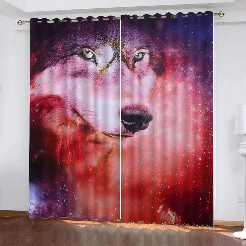 MARBRE 3D Wolf Blackout Curtains Polyester Fabric 2 Panels 168x137cm Thermal Insulated Room Darkening Eyelet Curtain Starry Sky Window Drapes for Home Decoration(23-4)