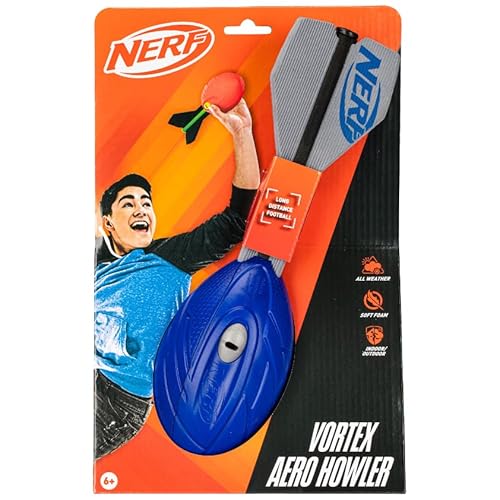 Nerf Vortex Aero Howler, Long Distance Throwing Foam Football, Built-in Whistle Sound, Soft Grip, Blue