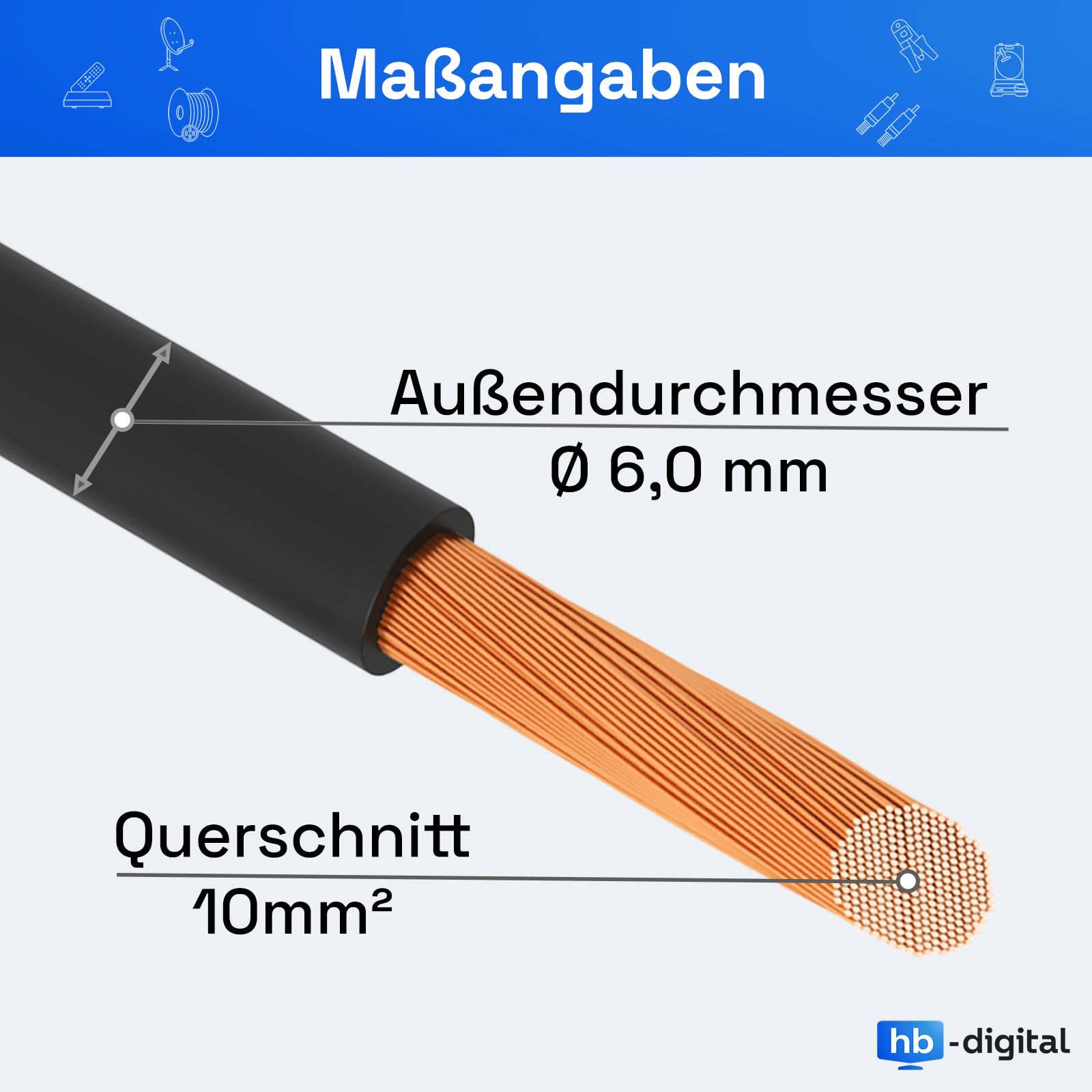 HB-DIGITAL Aderleitung H07V-K 10mm² Flexible Verdrahtungsleitung PVC Einzelader Litze - Schwarz - 15m