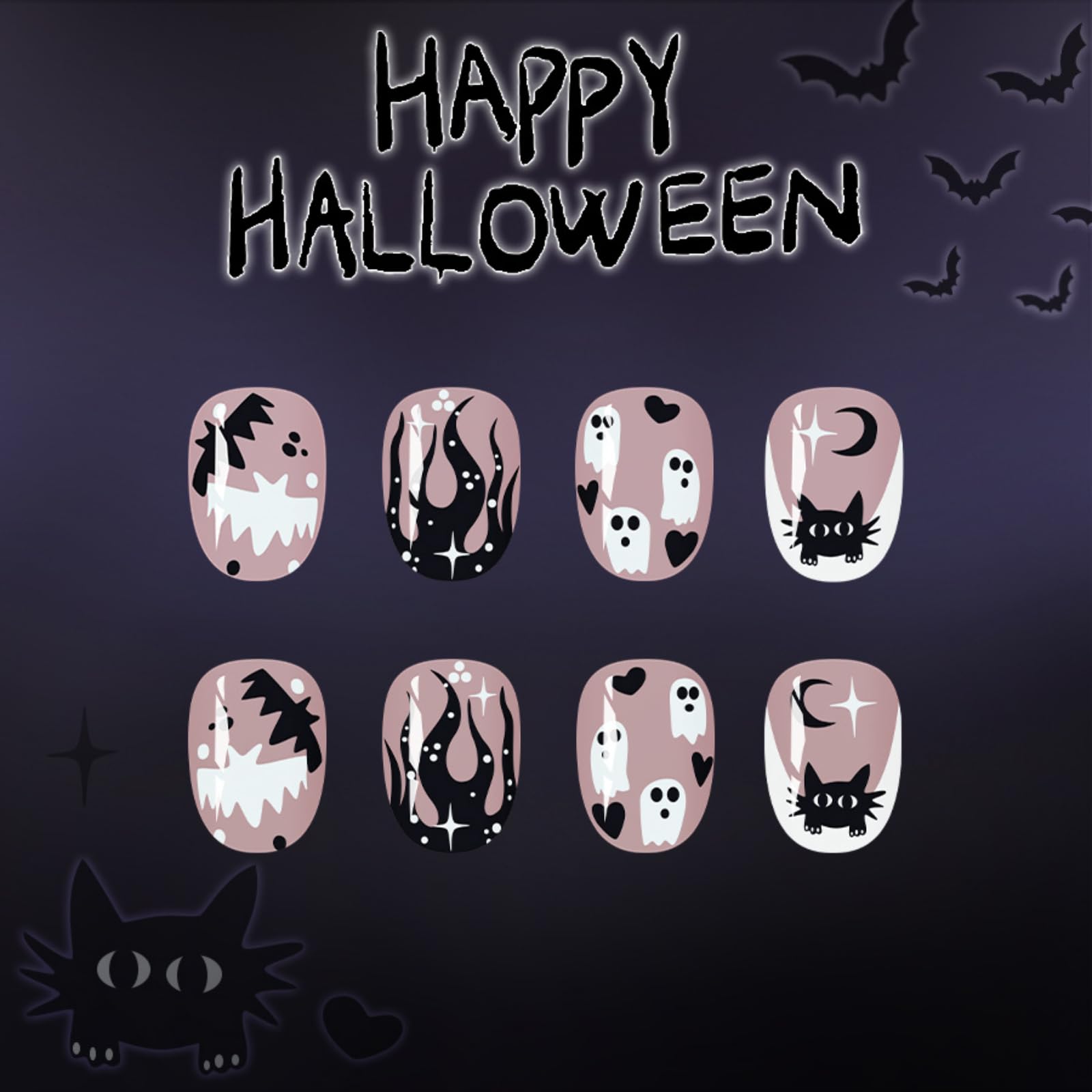 Halloween Press on Nails for Women 24Pcs False Nails with Ghost Cat Bat Designs - Image 3