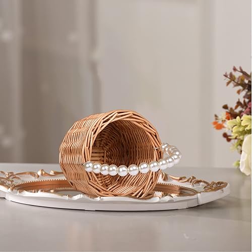 Miniatura 7 de Cesta de mimbre para niña de flores, cesta de niña de flores con mango de perlas, cesta de niña de flores de boda y decoraciones para el hogar.