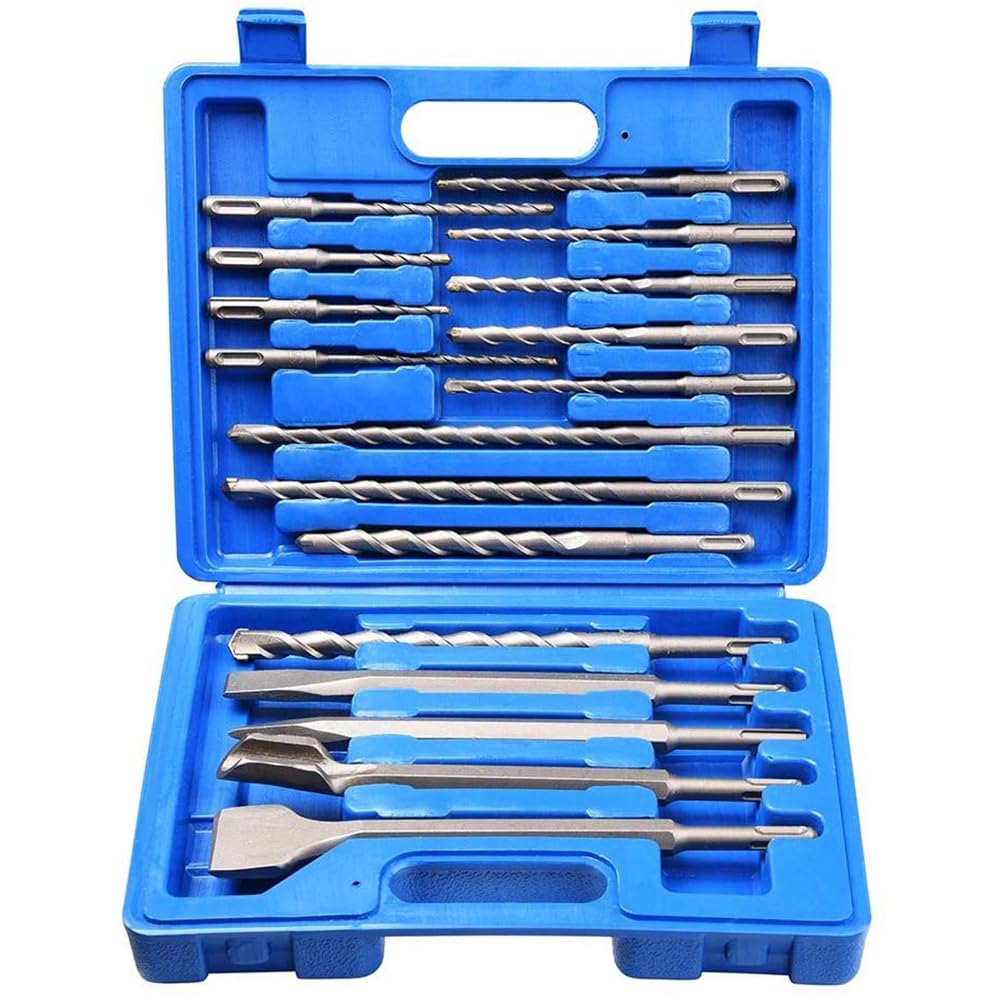 Juego de 17 brocas SDS, juego de brocas de martillo mixto y cincel con estuche de almacenamiento, accesorios de taladro de martillo giratorio para hormigón, azulejos, ladrillo, cemento (azul)
