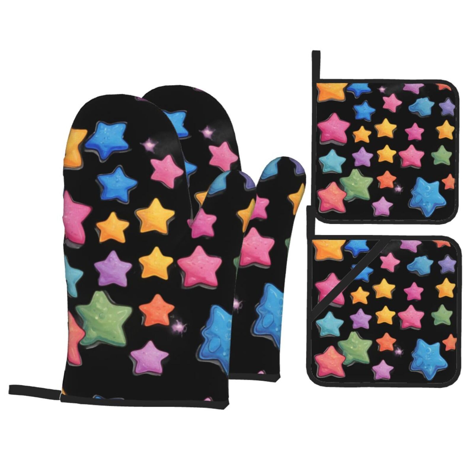 YYHWHJDE Star Candy Printed Kitchen Baking Set of 4 Thick Insulated Oven Mitt & Pot Holders, Anti-Scalding for Microwave, Oven, Outdoor BBQ