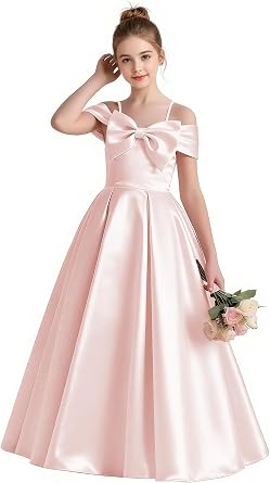 Girls Formal Dress Off Shoulder Big Bow Satin Junior Bridesmaid Wedding Pageant Gown First Communion Dresses 2790
