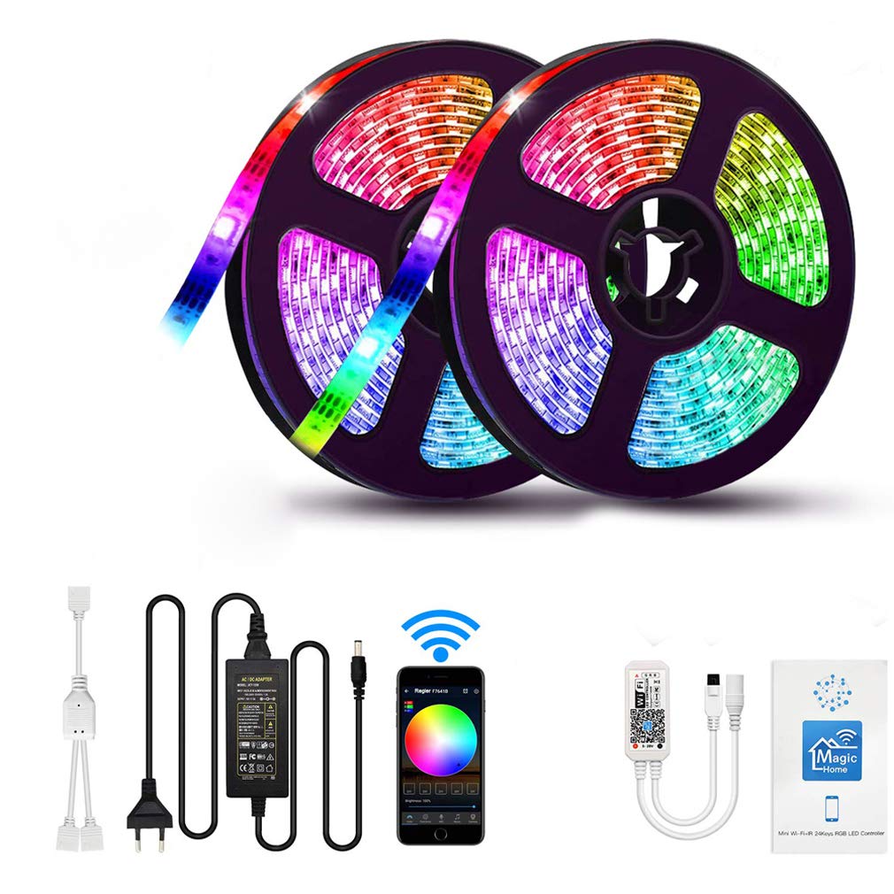 Tira Led RGB 5M, Luces Led Smart 5050 Control App Habitacion con Controlador WiFi Sincronizar Música 24 Teclas Control Remoto RF Luz De Ambiente para El Hogar Dormitorio Habitación TV Fiesta,20M