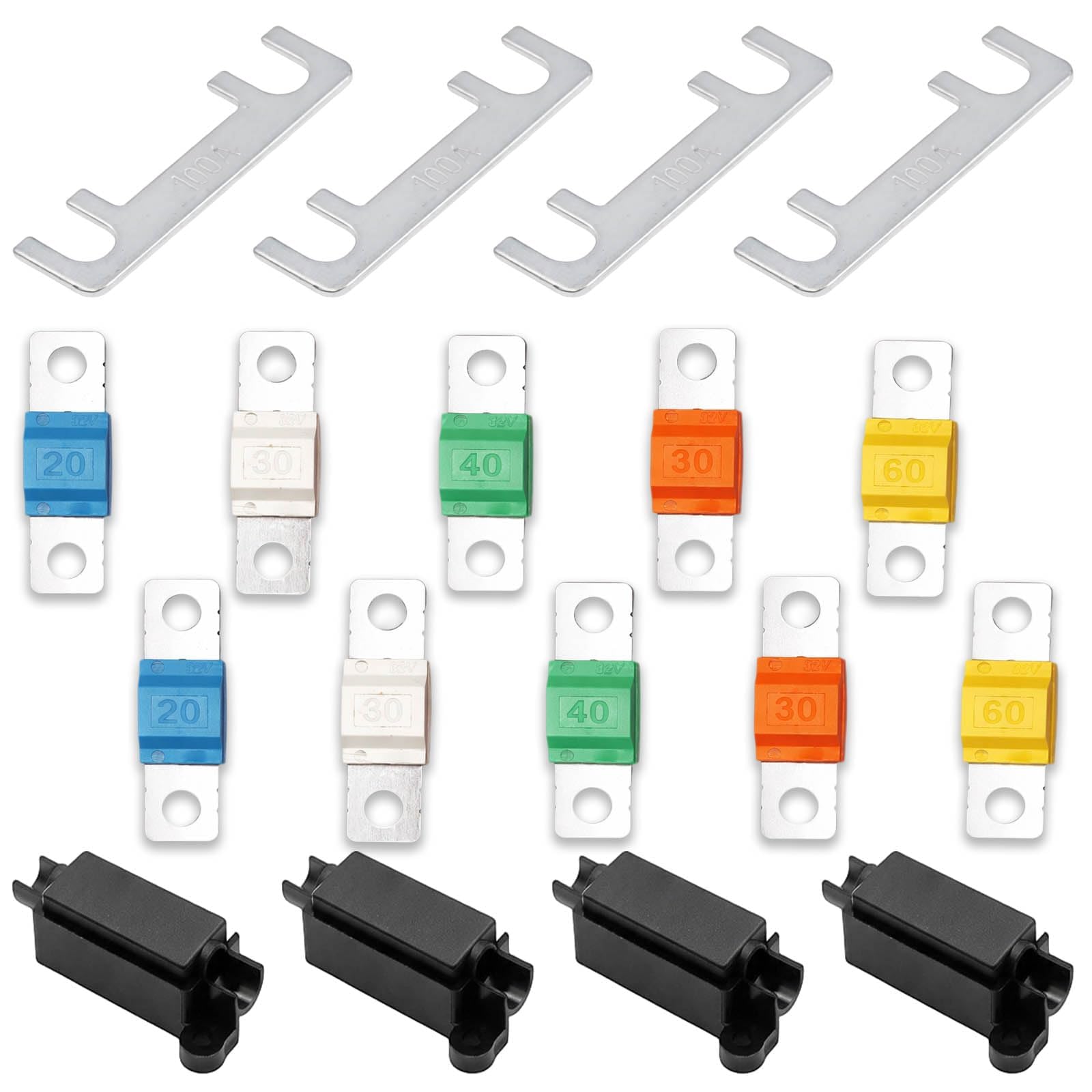 4Pcs Midi Fuse Holders + 10Pcs 20/30/40/60/80/100A Fuses, High-Current Universal Fuse Kit for Cars, Trucks, Caravans, Buses, Construction & Agricultural Machinery