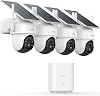 AOSU 2 K Outdoor Solar Battery Surveillance Camera 4 Cam Kit & HomeBase No Fees 360° Panorama Wireless Camera 32GB Local Memory Car Tracking Color Night Vision 2-Way Audio 5 G & 2.4 G WiFi