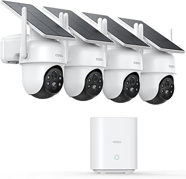 aosu Security Cameras Outdoor Wireless, 4 Cam-Kit, No Subscription Required, Solar-Powered, Home Security Cameras System with 360° Pan &amp; Tilt, Auto Tracking, 2K Color Night Vision, Easy Setup