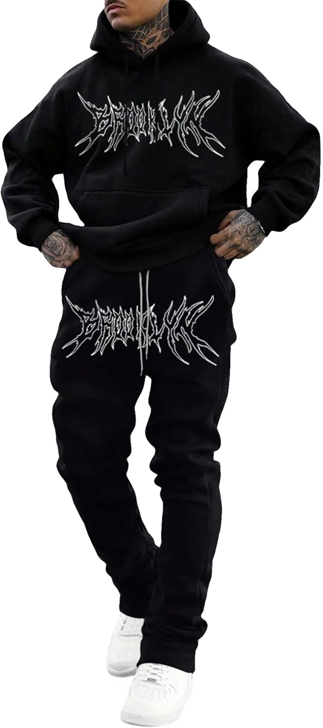 WDIRARA Men's 2 Piece Outfits Letter Graphic Print Long Sleeve Pocket Sweatshirt and Sweatpants Tracksuit Set