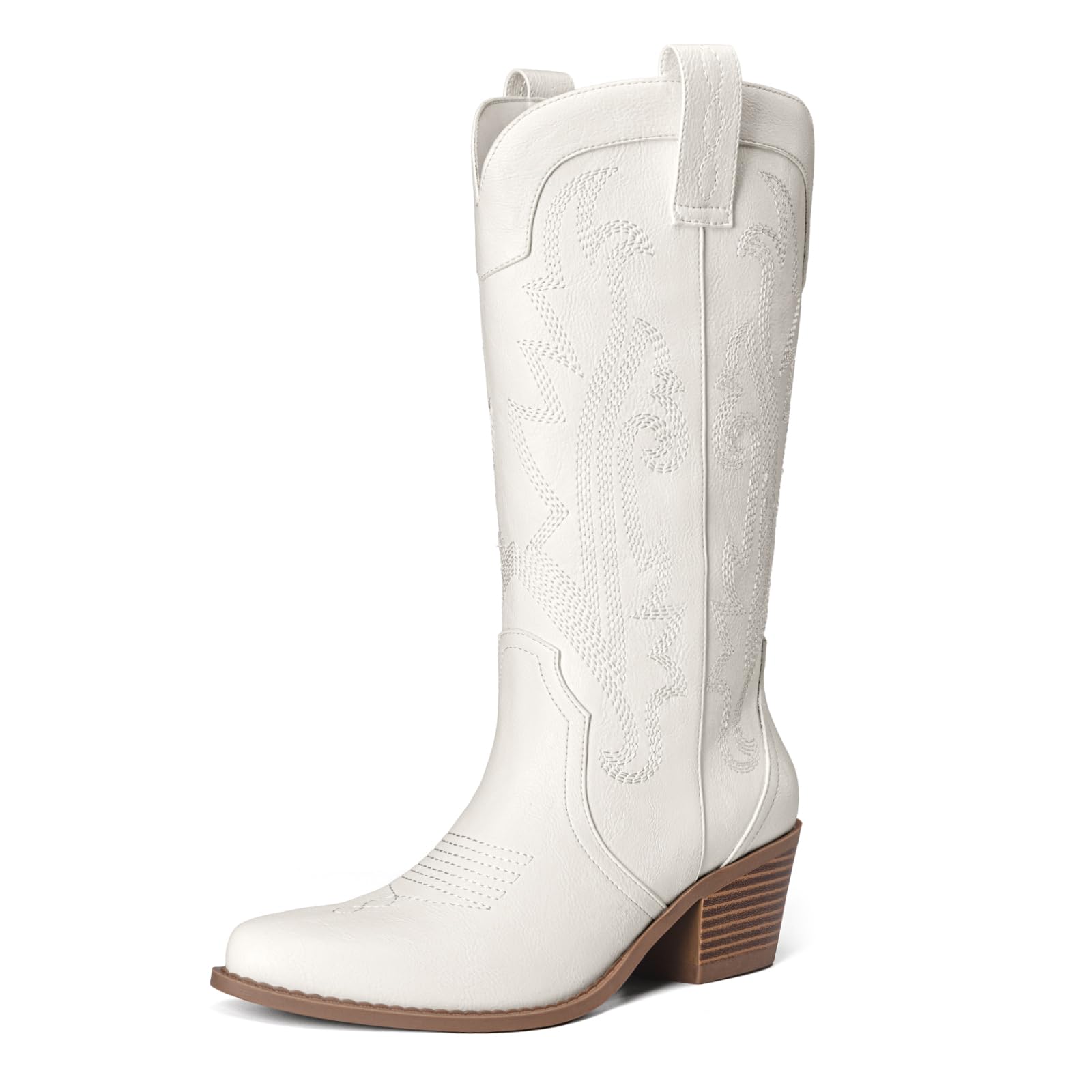 Athlefit Cowboy Boots for Women Vintage Embroidered Country Western Cowgirl Boots Low Chunky Heel Pointed Toe Mid Calf