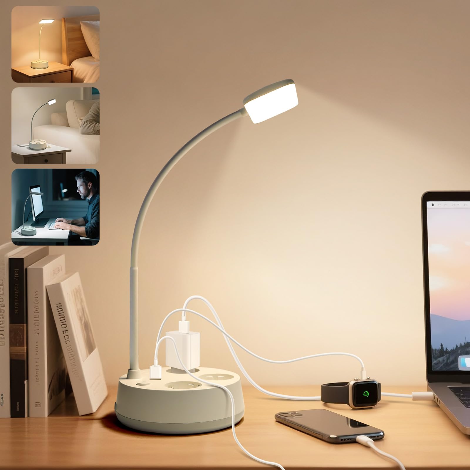 Aigostar Lámpara de Escritorio con Enchufe y Tomas de Corriente, Salida USB y Tipo C, Lámpara de Lectura Táctil, 3 Colores y Atenuación Continua, Cuello de Cisne, para Oficina Dormitorio (Blanca)