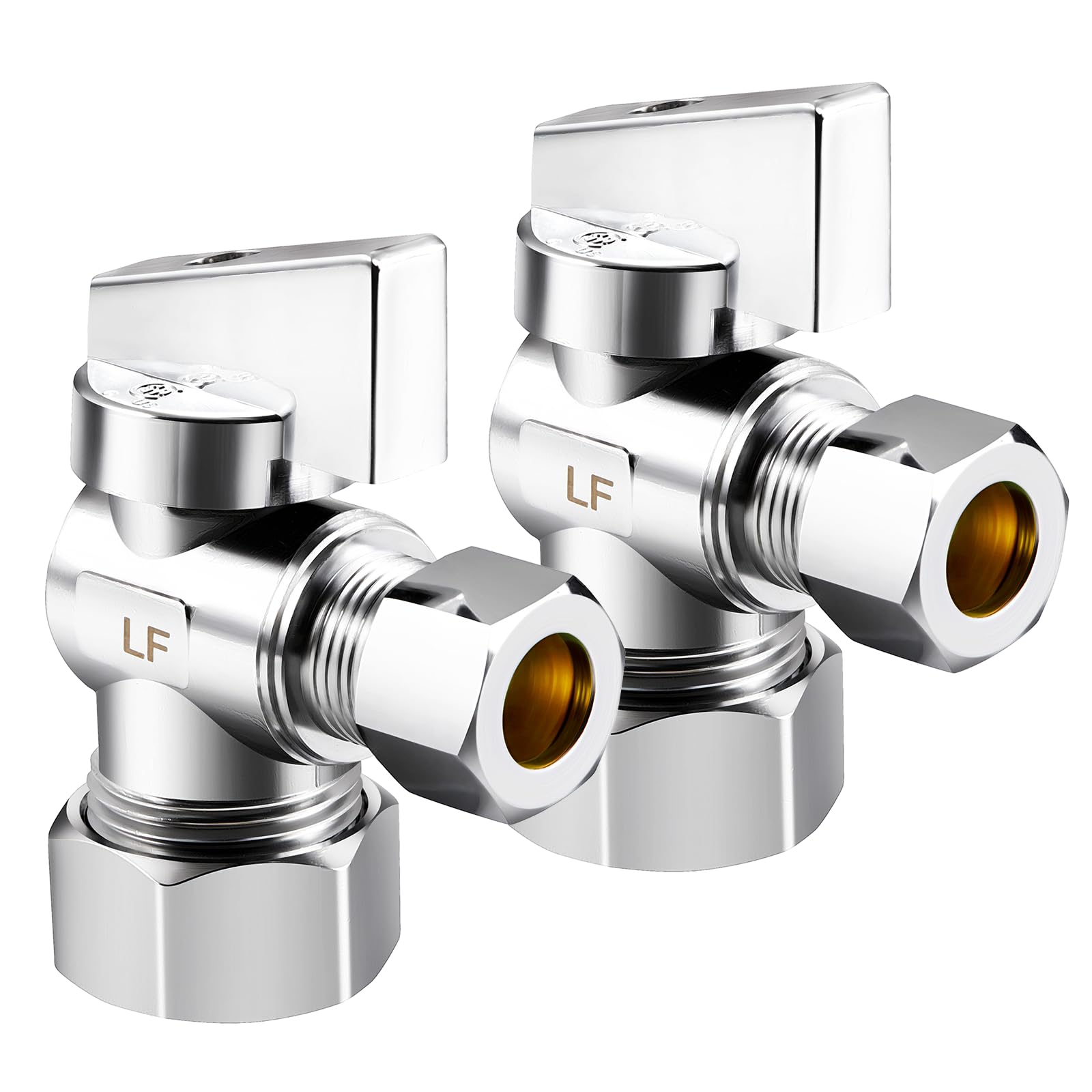 2 Pack Premium Brass (1/2" Nominal Comp) 5/8" OD Comp x 3/8 Inch OD Compression Quarter Turn Water Angle Stop Valve Shut Off