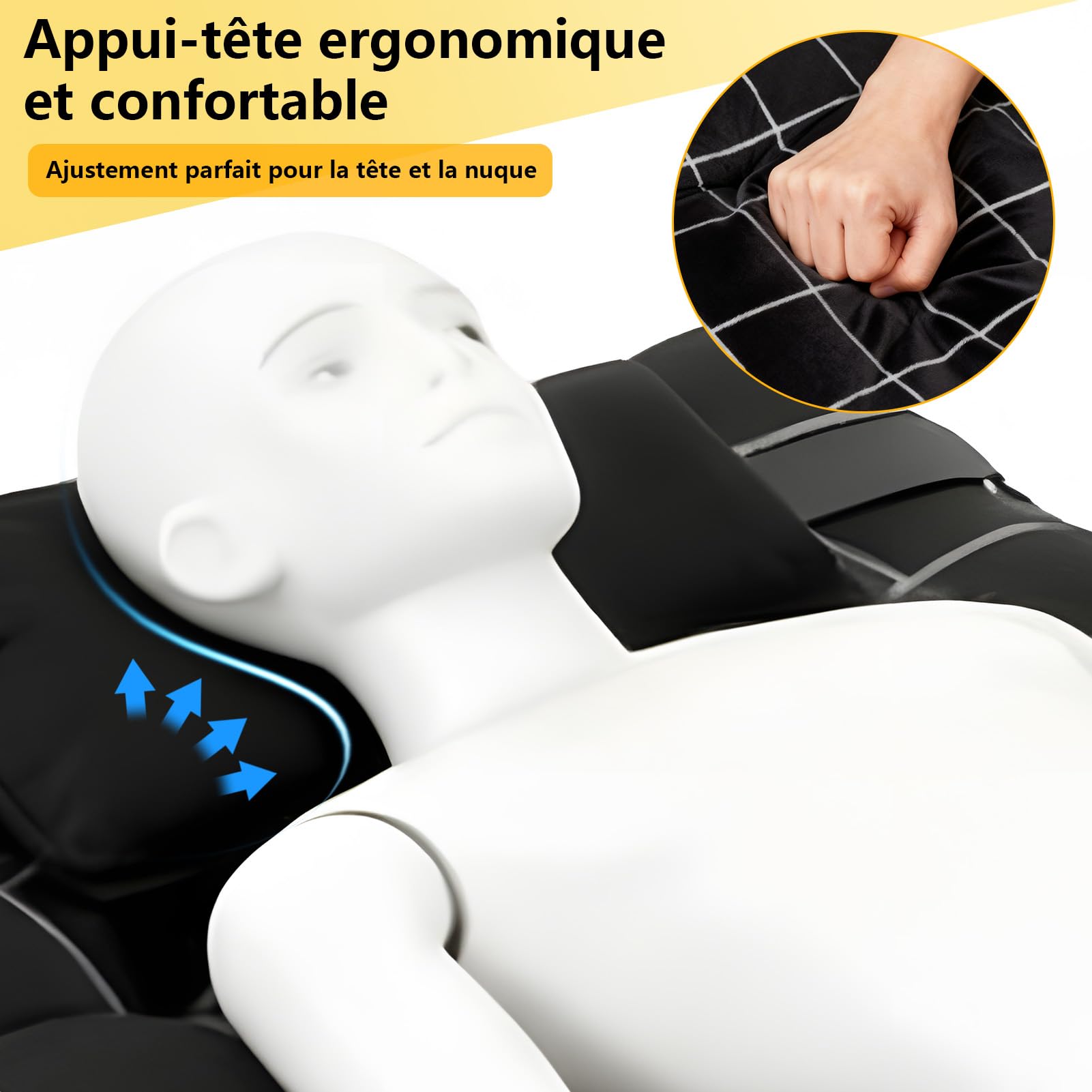 Lit Pliant 1 Personne avec Matelas en Coton Perle Faux, Lit de Camp Pliable Réglable 4 Positions pour Camping, Maison, Jardin – Cadre Acier Résistant 200kg, Compact et Portable (Noir)