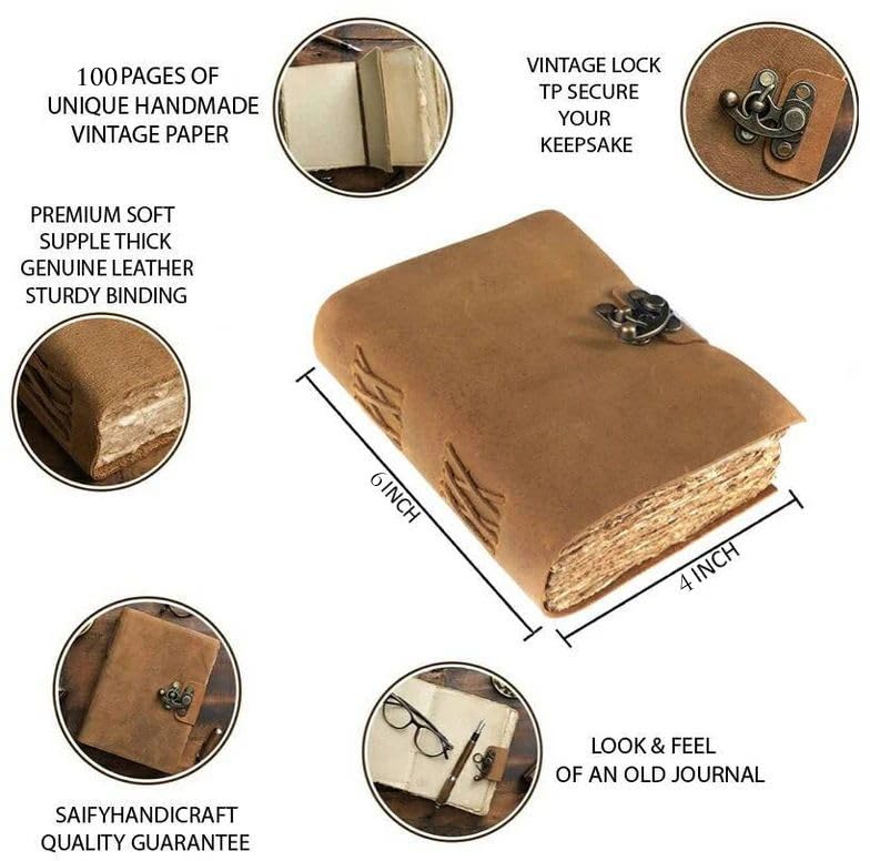 Image of DI-KRAFT Handcrafted A5 120 GSM Vintage Paper Printed Diary Leather Writing Diary With Buckle Lock Notebook Unruled Personal Diaries Leather Journal for Office - 5x7 Inch 200 Pages (Brown Quote8)