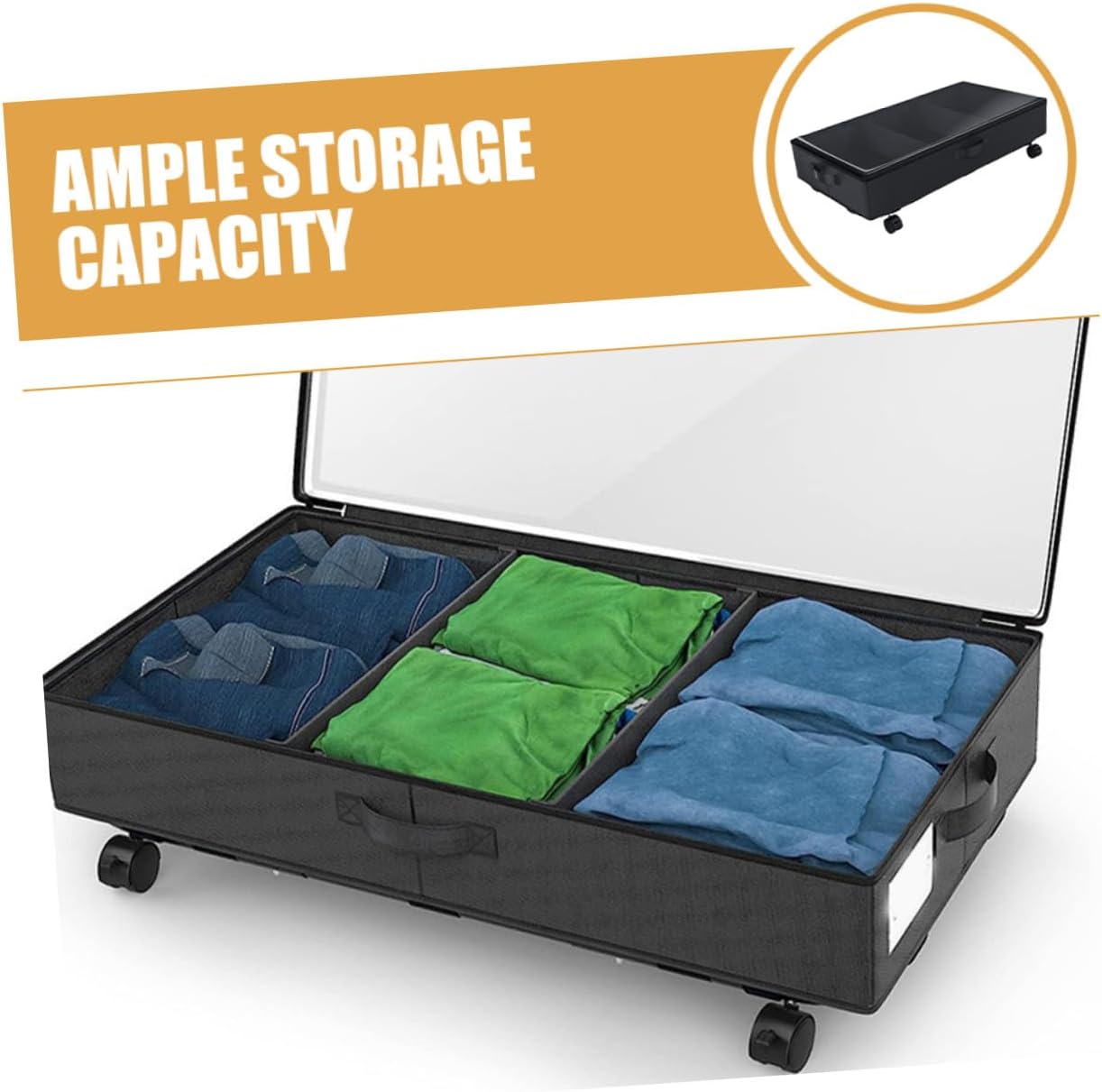 GLEAVI Bed Clothes Organizer Box with Wheels, Large Capacity Oxford Fabric Storage Bin with 3 Compartments, Dustproof Rolling Underbed Storage for Bedding, and Clothing