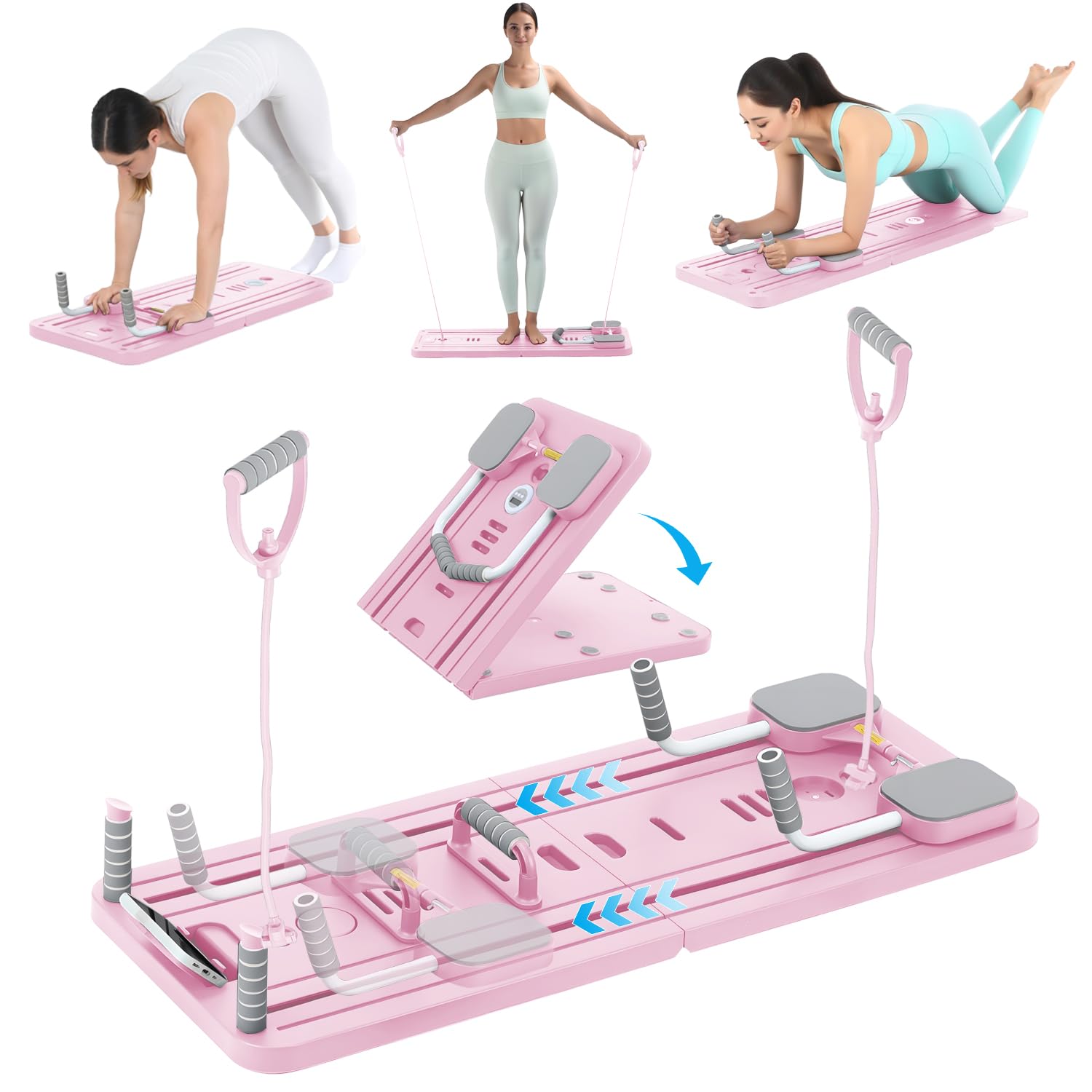 Pilates Board Set für zuhause - Faltbarer Reformer Pilates Maschine, Mini Pilates Reformer Board, Reformer für Pilates Premium - inkl. Timer, Widerstandsbänder, Griffe(New Version)