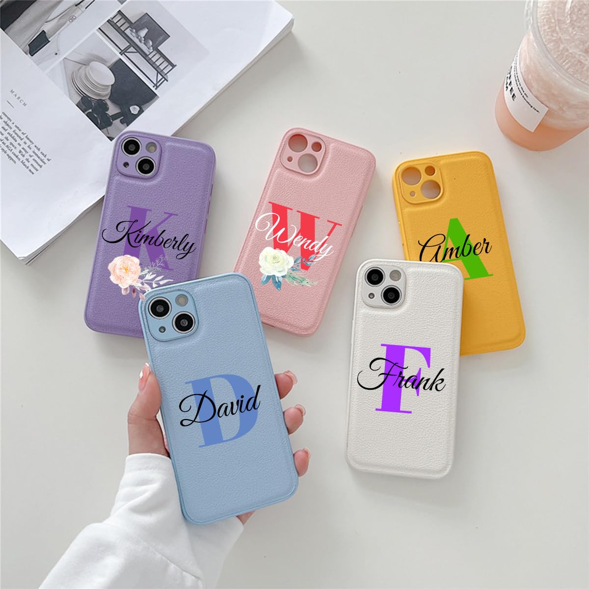 Custom Name Leather Case for Apple iPhone 17 Air 16 15 14 Pro Max 13 12 Mini 11 XR XS X 8 7 Plus SE 2 3 Phone - Personalize Initial Name Monogrammed Floral Customized Phone Cover