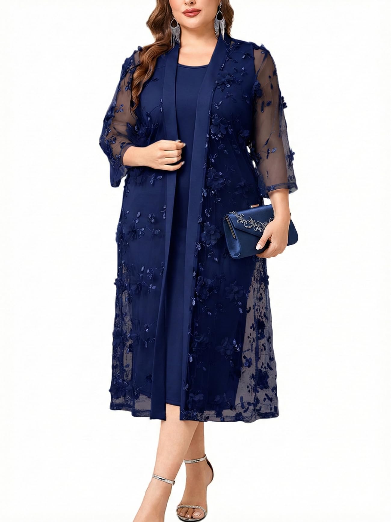 Plus Size Mother of The Bride Formal 2 Piece Dress Set with 3D Floral Mesh Jacket Dressy Suit Outfits Guest