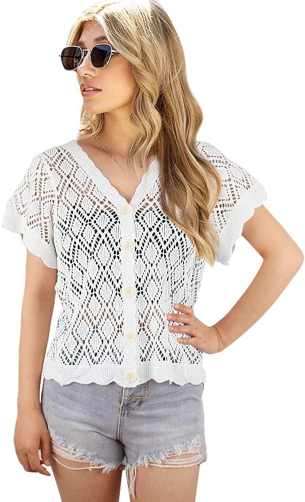 Women's Open Front Knit Cropped Bolero Shrug Cardigan Sweater Short Sleeve V Neck Hollow Out Top