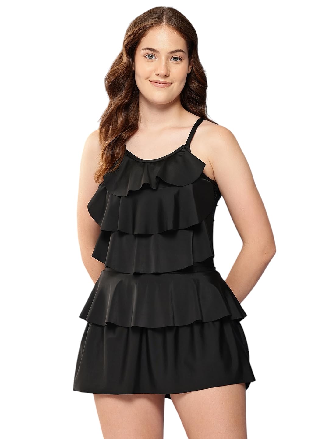 Womens Sports Wear Black Colour Solid Nylon Padded Swim Dress-image-3