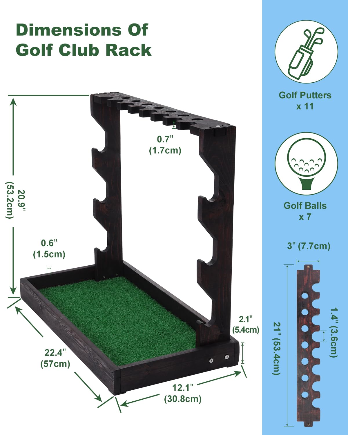 Hutigertech Golf Putter Stand, Wooden Golf Club Holder with Artificial Grass Mat, Holds 11 Clubs & 7 Golf Balls, Stand Floor Display Rack for Indoor Home Office Club Simulator