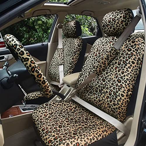Image of AUTOFAN Leopard Car Seat Covers Full Set with Steering Wheel Cover 2 Seat Belt Pads, Cheetah Print Seat Covers for Cars for Women,Airbag Compatible,Universal Fits for Cars,SUV,Truck