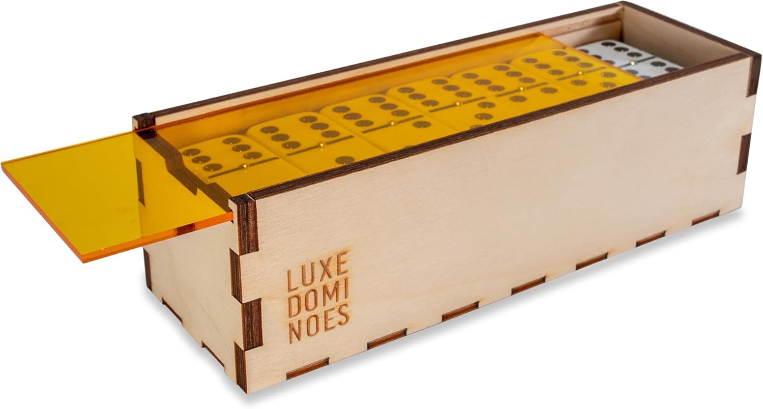 Deluxe Modern Domino Set Double Six, with Jumbo Sized Tournament Dominoes Black and White Two Toned with Spinner (Rivets) in Wood Box with Acrylic Top (Yellow)