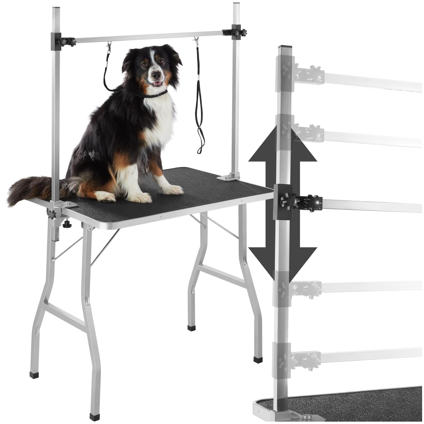tectake® Mesa Plegable Peluqueria Canina con 2 Brazos Ajustables, Superficie Antideslizante, para Perros y Gatos, Mesa Pequeña, Accesorio para Mascotas - 2 Lazos