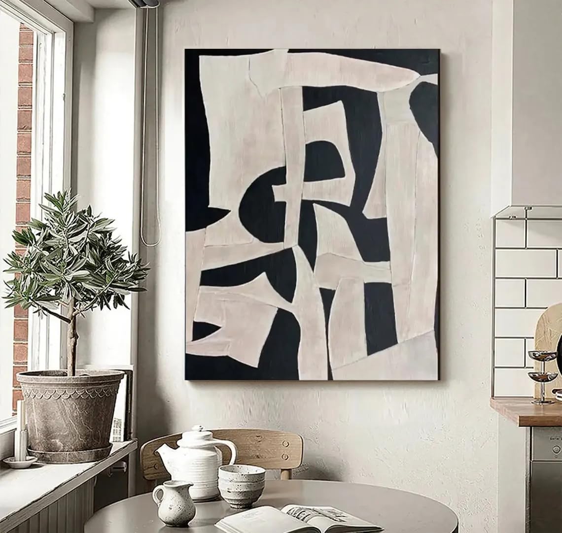 KDXAOBEI Beżowa sztuka ścienna Wabi Sabi, czarno-beżowy, abstrakcyjny obraz, ręcznie wykonany, minimalistyczny, duży, neutralny, bogaty, teksturowany, wystrój salonu, 60 x 80 cm, z ramą