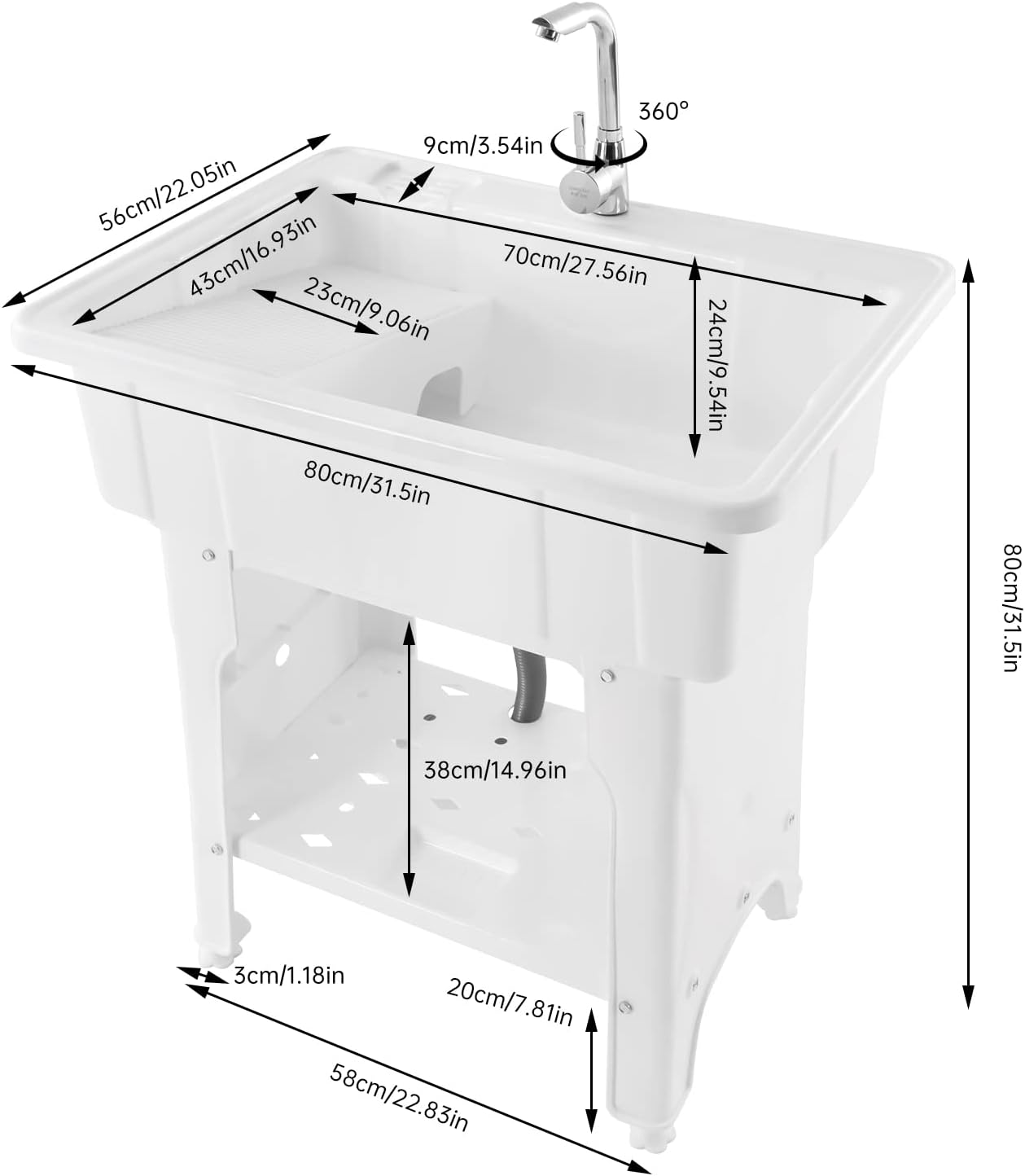 Plastic Laundry Sink with Washboard – Freestanding Utility Tub, Hot/Cold Faucet & Drain Kit Included, Indoor Outdoor Wash Basin for Garage, Basement, Garden