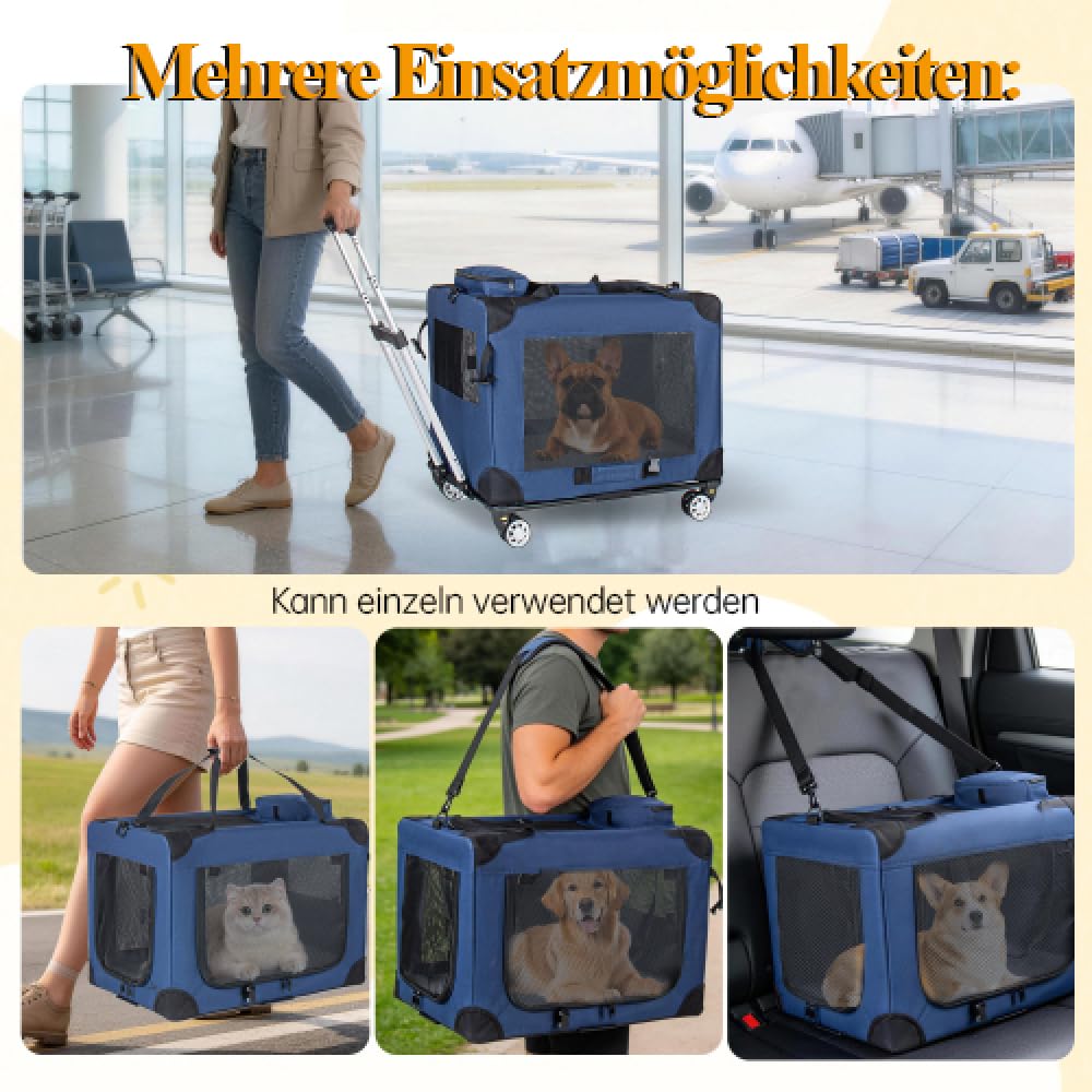 Dunkelblaue Tiertransportbox, 2-in-1 Faltbare Hundetransporttasche mit Rollen, Belüftete Haustierbox für Reisen und Zuhause