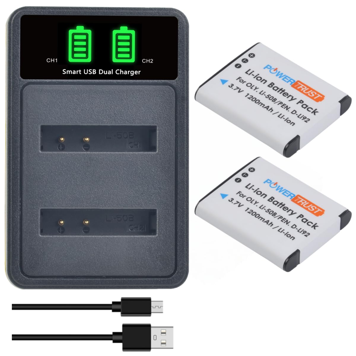 PowerTrust2Pcs Li-50B D-Li92 Battery and Charger for Olympus SP-810UZ, SP-800UZ, SZ-10, SZ-11, SZ-30MR, SP-720UZ, for Pentax d li92