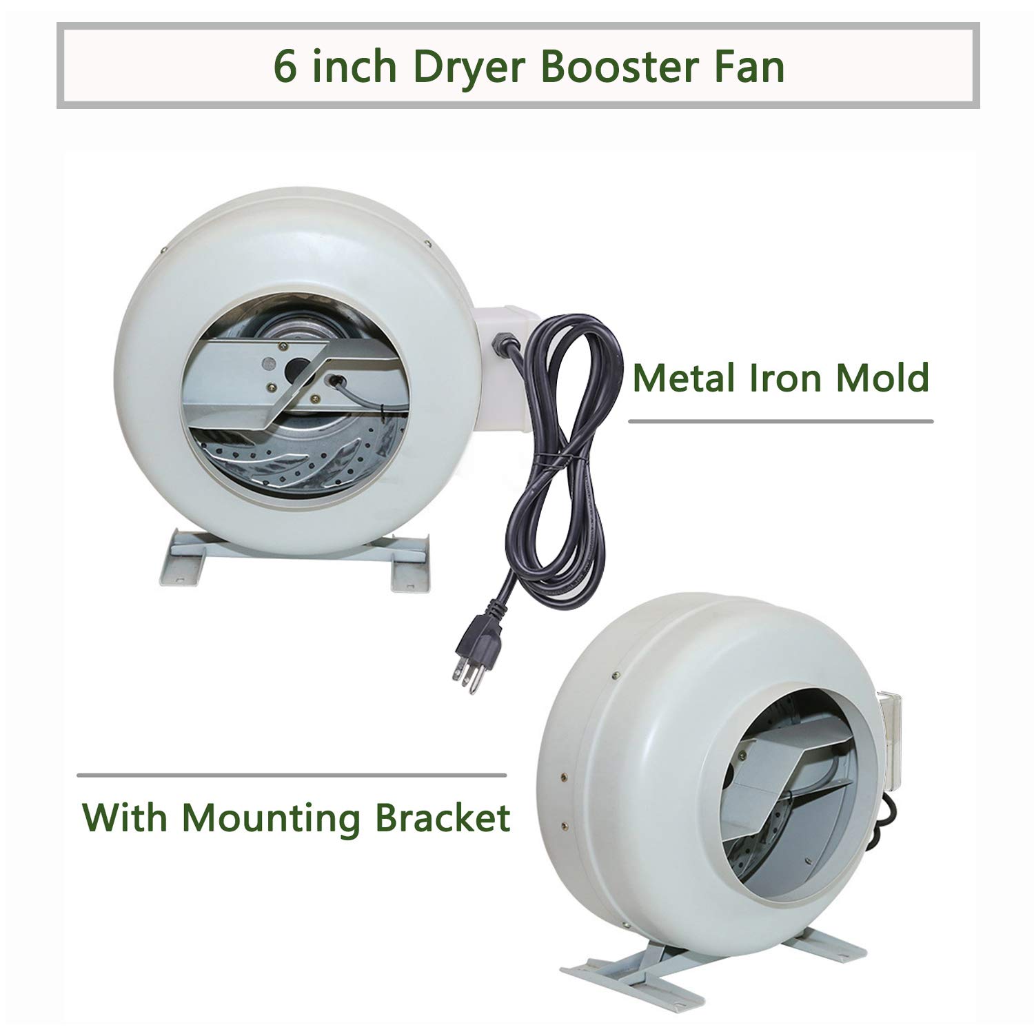 MYOYAY 6 Inch 440CFM Metal Inline Duct Fan Round Dryer Exhaust Blower