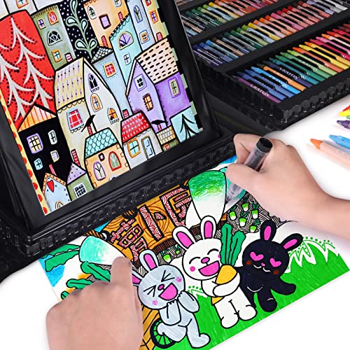 Art Supplies 208 Pcs With Sided Trifold Easel,Including Colour Cakes,Colored Pencils,Oil Pastels,Marker Pens And Crayons Art Kits For Beginners，Drawing Painting Gifts Kit For Kids 5-12 (Black) #TOP2