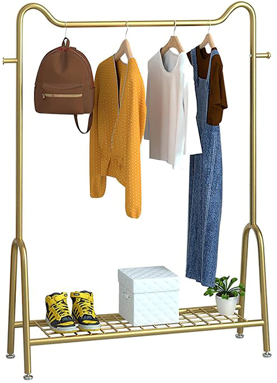 Robuste Kleiderstange, Kleiderständer mit Ablage und 2 Haken, 3-in-1-Garderobenständer, Kleiderstange aus Industrierohr,Golden,60 cm,Golden,100 cm