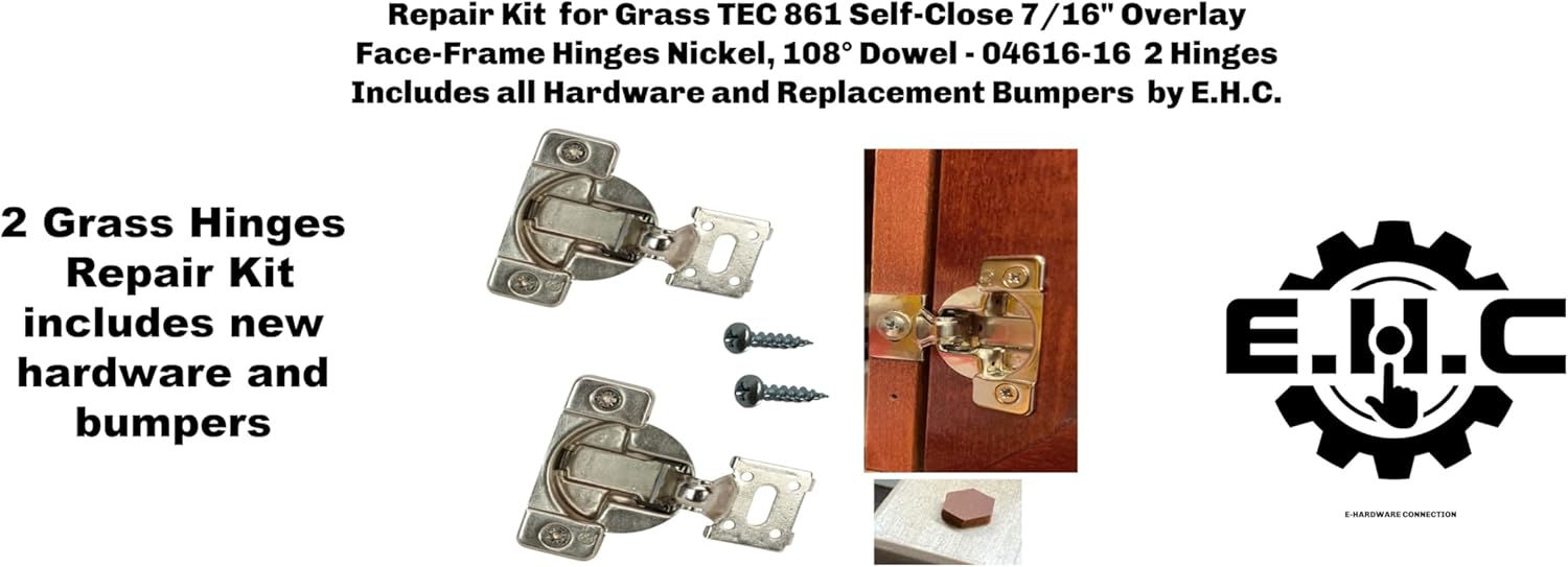 E.H.C. Face-Frame Cabinet Hinge Repair Kit for Grass TEC 861, 7/16" Overlay, 108° Dowel, Nickel Finish, 2 Hinges with Hardware