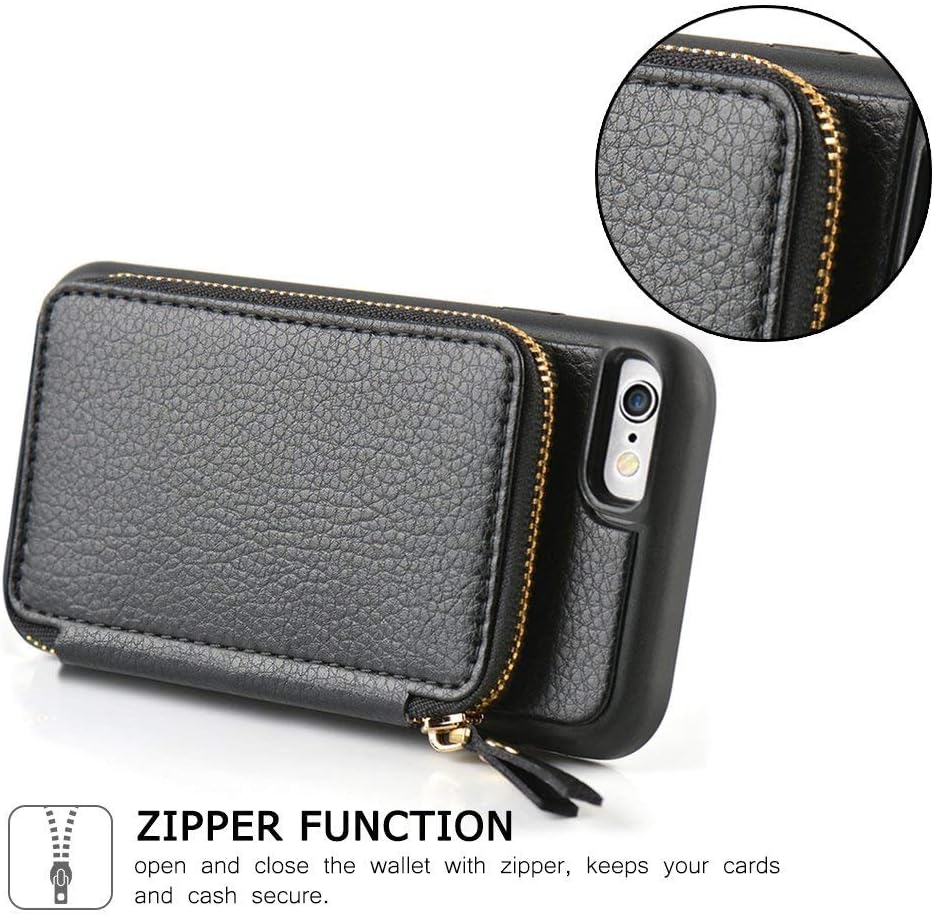 ZVE Case for Apple iPhone 6 Plus and iPhone 6s Plus, 5.5 inch, Leather Wallet Case with Credit Card Holder Slot Zipper Wallet Pocket Purse, Cover for Apple iPhone 6 Plus/6s Plus-Black
