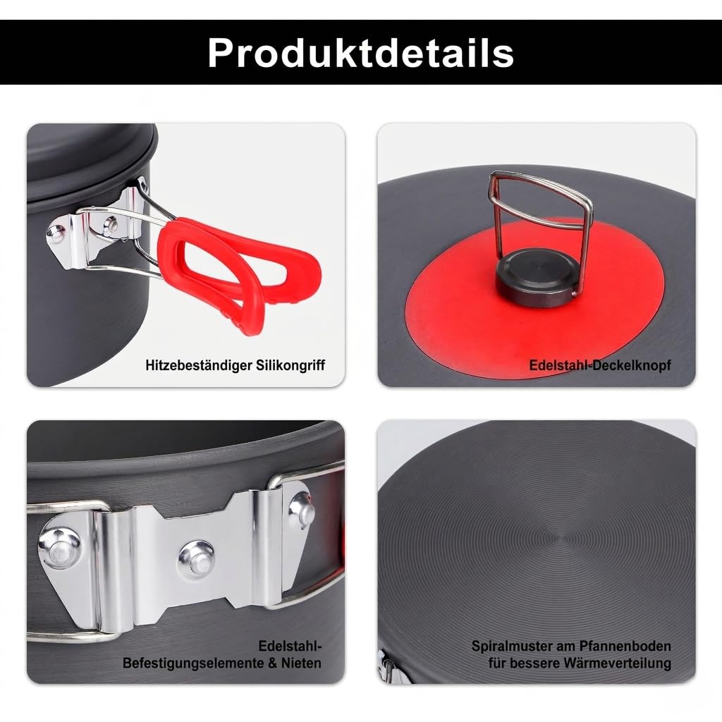 ALocs Camping-Kochgeschirr-Set, leichte Aluminiumtöpfe und -pfannen mit antihaftbeschichteter Bratpfanne, kompaktes, stapelbares Camping-Kochset zum Wandern, Trekking und Kochen im Freien