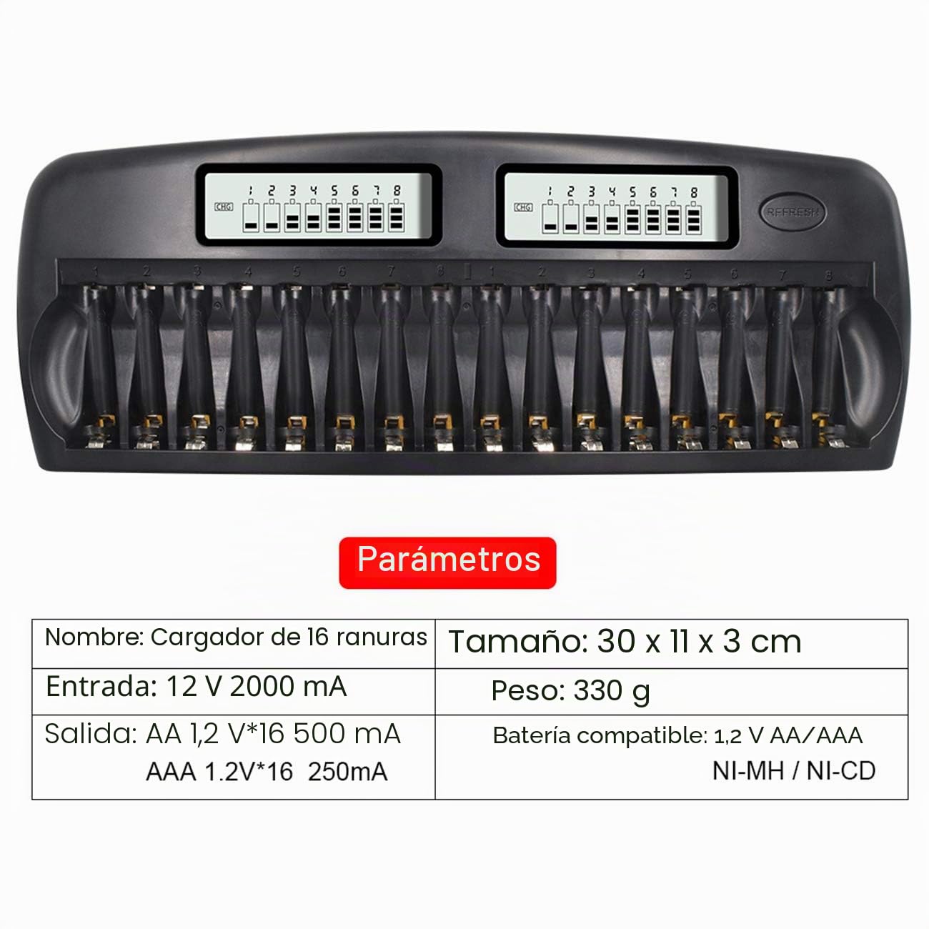 CITYORK Cargador rápido de batería – Protección IC integrada con Pantalla LCD – para Pilas AA AAA NI-MH, Incluye 16 Pilas AA 3000 mAh NiMH, maletín de batería