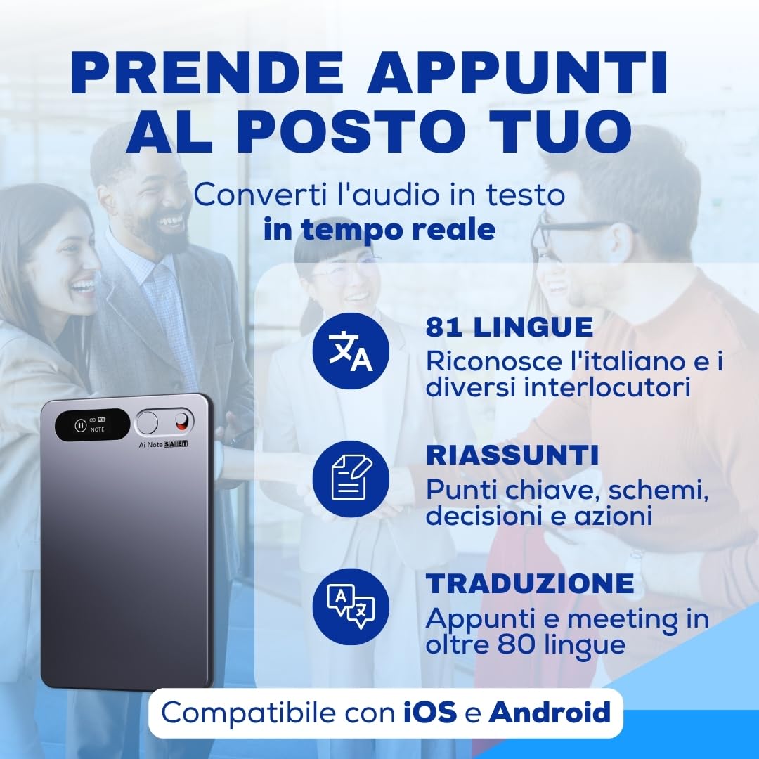 SAIET AI Note Registratore Vocale Magnetico Trascrizione in 81 Lingue, 64GB | Registratore Audio Ultrasottile, Autonomia 35 ore, Compatibile iOS e Android, Converti Audio in Testo con App gratuita Doway