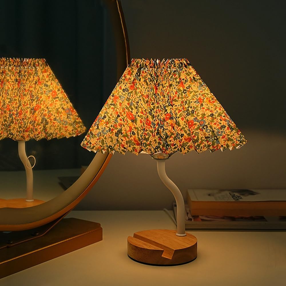 Mała lampa stołowa plisowany klosz kwiatowe lampki nocne na szafkę nocną Home Deco oświetlenie na biurko drewno Vintage Retro lampka nocna rustykalna lampa stołowa do sypialni biuro salon wejście