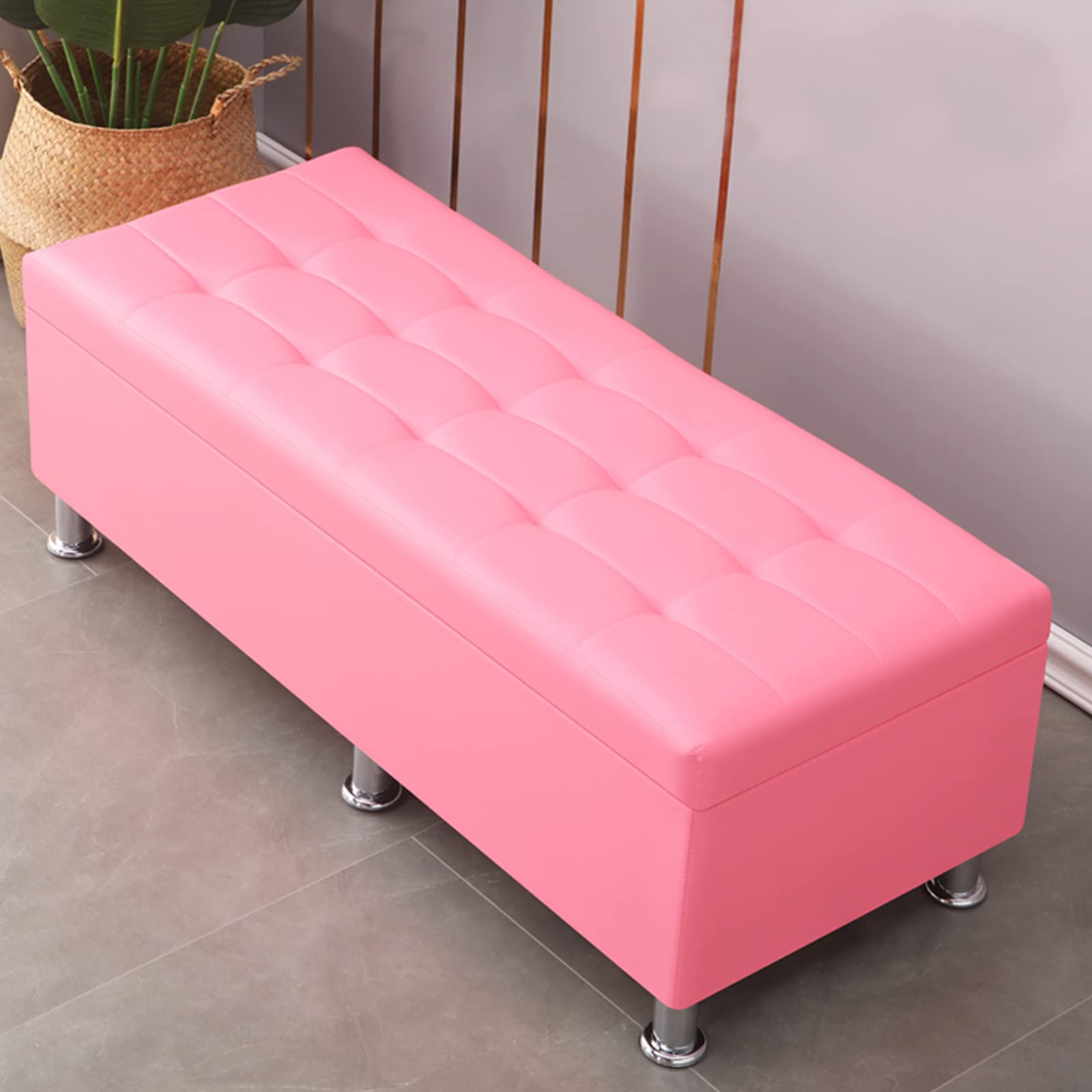 Pouf en cuir synthétique meuble de rangement de salon rose