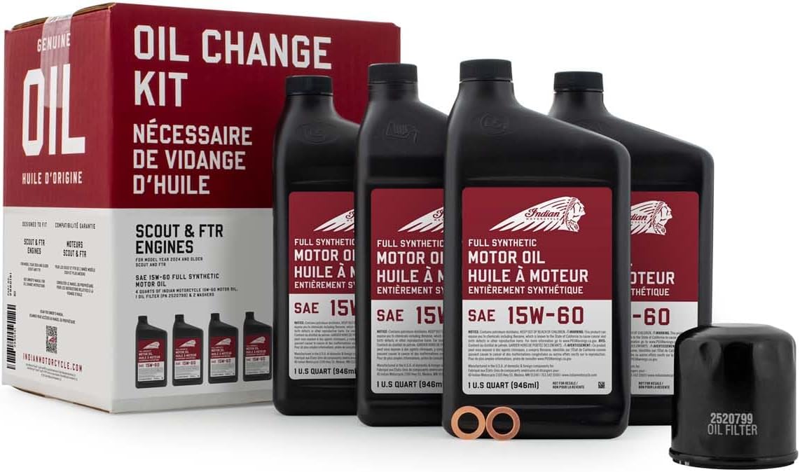 Indian Motorcycle Oil Change Kit for All 60 & 69 Cu In Liquid-Cooled Scout Engines, 4 Quarts 15W-60 Full Synthetic Oil, 1 Oil Filter, 2 Washers, Clutch Performance, Engine Protection - 2880191