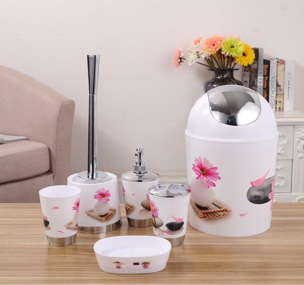 MAS 6Pcs Bathroom Accessory Set Tumbler Toothbrush Holder Bin Soap Dish Dispenser (Flowers and Stones)