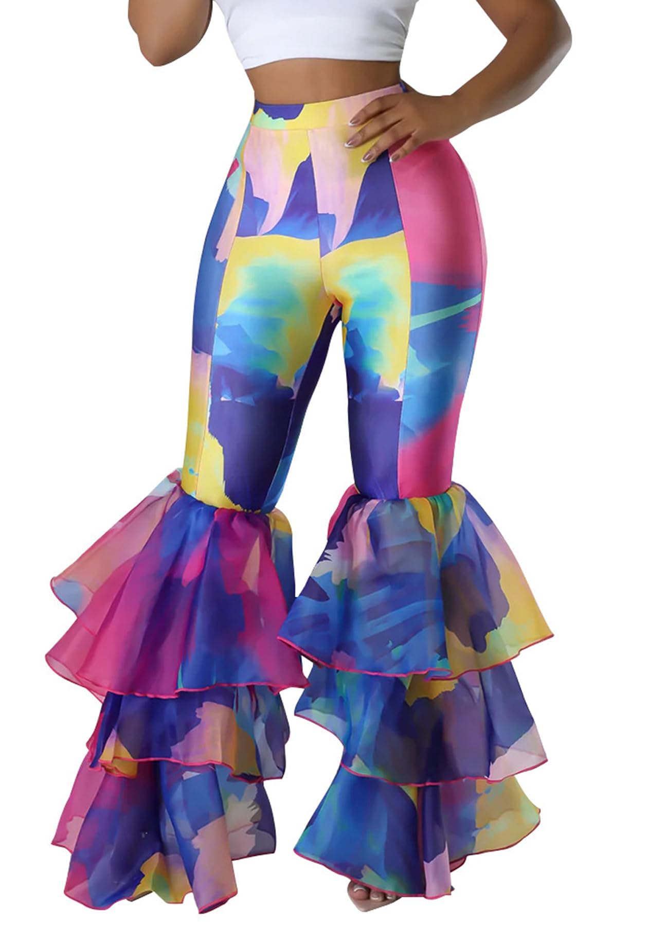 Womens Multi Ruffle Hem Flared Pants Printed High Waisted Bell Bottoms Fashion Trousers Bodycon Pants